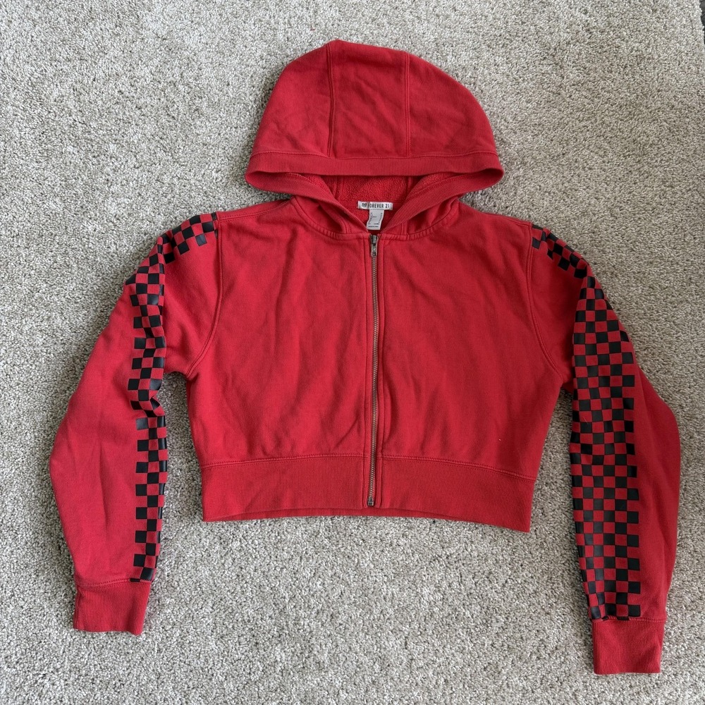 Forever 21 Cropped Hoodie Womens Medium Red Fleece Full Zip Checkered Sweatshirt